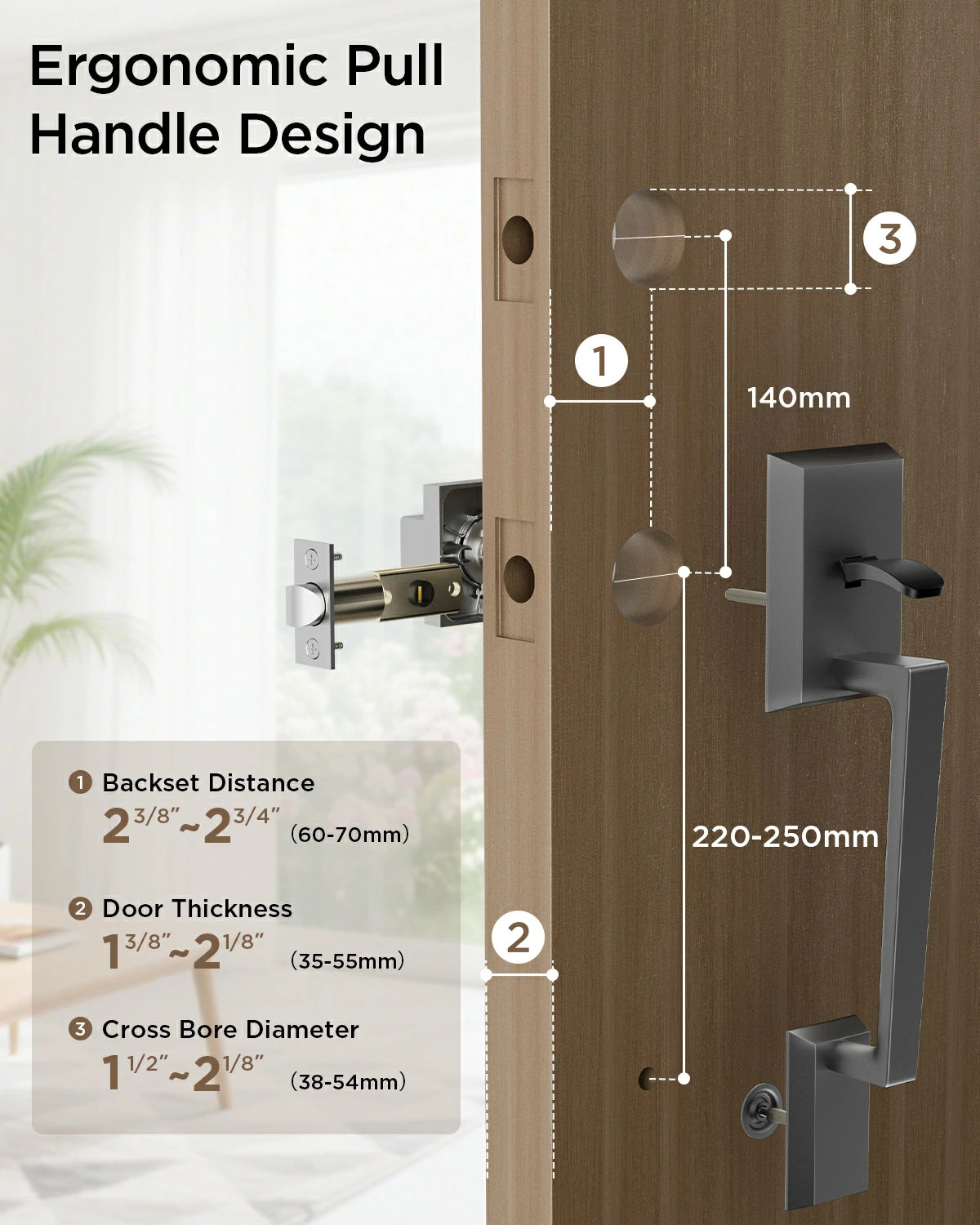 TCL Front Door Handle Set for D2 Series Smart Lock, Exterior Handleset with Interior Reversible Lever, Non-Locking, Fits Standard Doors, Dark Grey