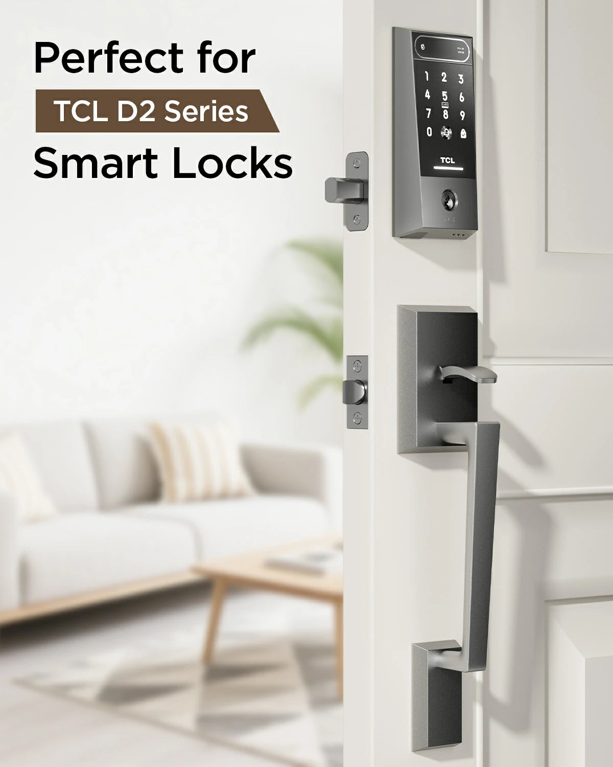 TCL Front Door Handle Set for D2 Series Smart Lock, Exterior Handleset with Interior Reversible Lever, Non-Locking, Fits Standard Doors, Dark Grey