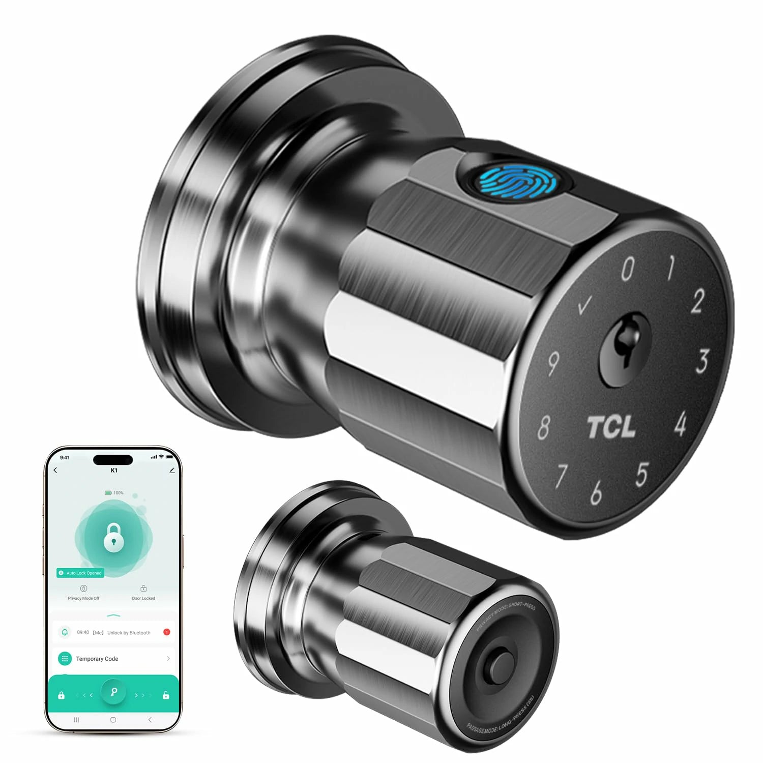TCL K1 Smart Fingerprint Door Knob Secure Biometric Lock with App Control and Keyless Entry for Home Office and Garage