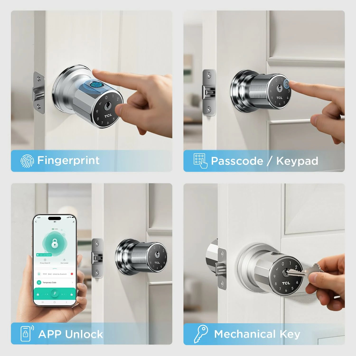 TCL K1 Smart Fingerprint Door Knob Secure Biometric Lock with App Control and Keyless Entry for Home Office and Garage