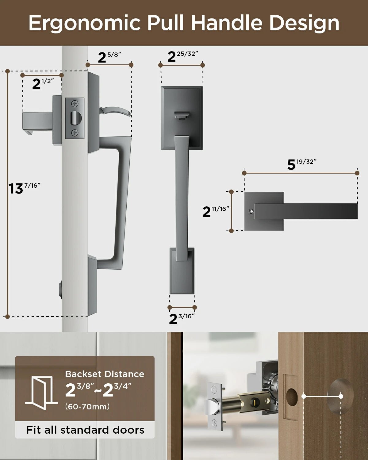 TCL Front Door Handle Set for D2 Series Smart Lock, Exterior Handleset with Interior Reversible Lever, Non - Locking, Fits Standard Doors, Dark GreyTCL
