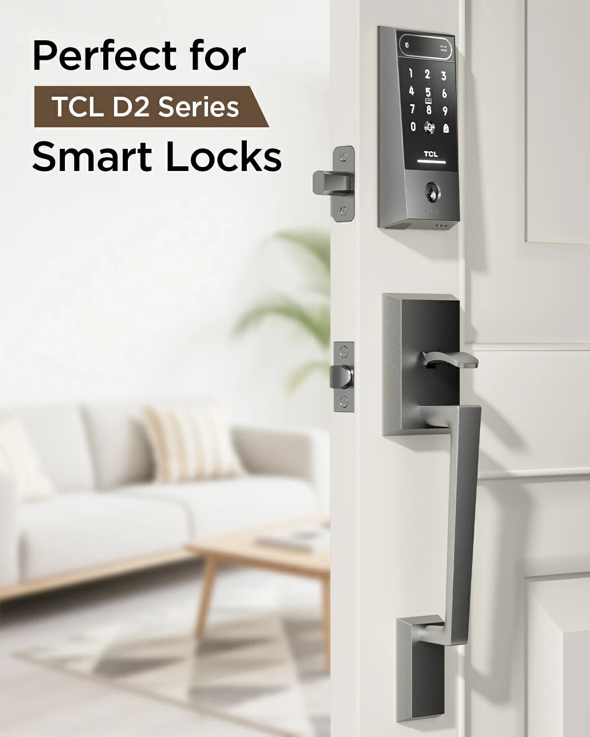 TCL Front Door Handle Set for D2 Series Smart Lock, Exterior Handleset with Interior Reversible Lever, Non - Locking, Fits Standard Doors, Dark GreyTCL